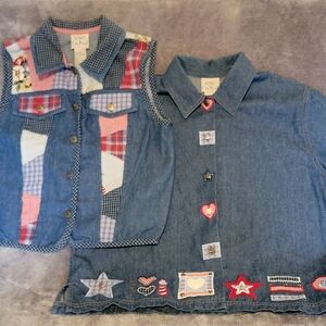 Koret Denim Button Down Vest & Shirt with Patchwork and Embroidery